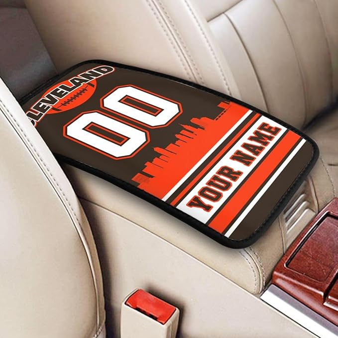 Custom Football Car Armrest Covers Personalized Football Style with Name Number Customized Auto Center Console Pad Car Handrail Box Cushion for Most Vehicle Decor Accessories, Orange
