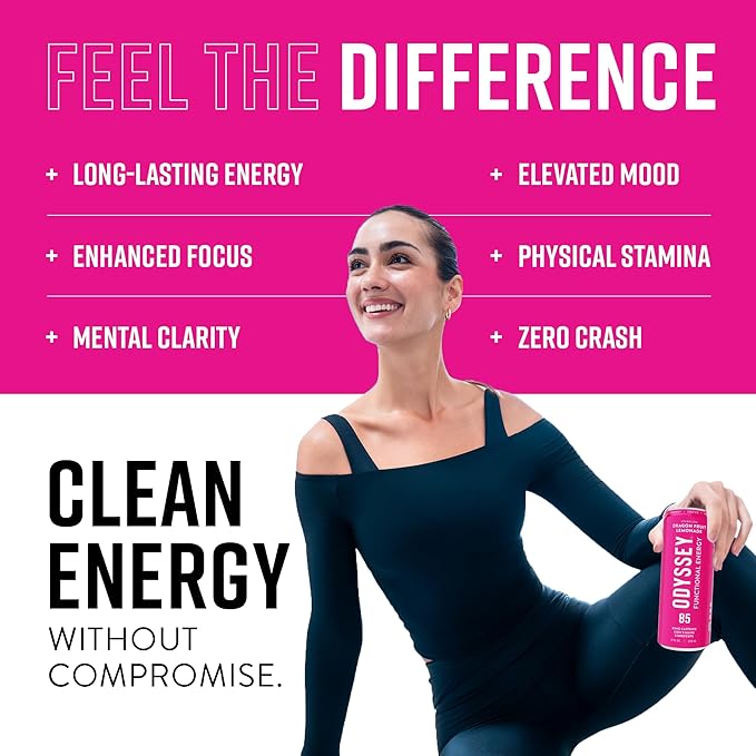 Odyssey Functional Energy Drink for Focus, Cognition & Mood Support 12 Pack - Adaptogenic Drink with 85mg Green Tea Caffeine, Lion’s Mane, Cordyceps, L-Theanine & Ginseng, Dragon Fruit Lemonade