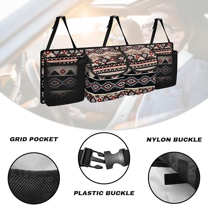 Tribal Aztec Pattern Car Trunk Organizer, Large Capacity Backseat Trunk Organizer with Adjustable Straps, Backseat Hanging Car Storage Organizer Foldable Cargo Storage