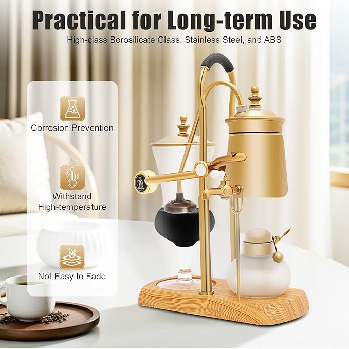 Belgian Family Balance Siphon Coffee Maker, Elegant Double Ridged Fulcrum with Tee Handle (Classic Gold)