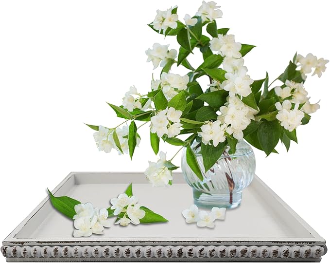 Hodeframe12x16 Rectangular Decorative Tray for Coffee Table: White Wood Butler Serving Tray Candle Holder Trays Vintage Centerpiece Farmhouse Ottoman Tray for Decor Countertop Home Decor Accessories