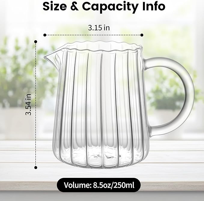 8.5 Ounces Glass Pitcher Small Pitcher Milk Forther Cup Mini Creamer Container Tea Serving Carafe Heat Resistant Breast Milk Pitchers for Coffee Bar Kitchen Essentials (1 Pack)