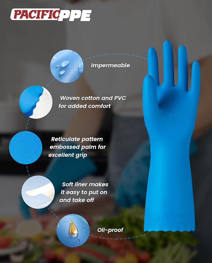 PACIFIC PPE 2 Pairs Reusable Dishwashing Cleaning Gloves with Latex Free, Cotton Lining, Kitchen Gloves, Blue, Small
