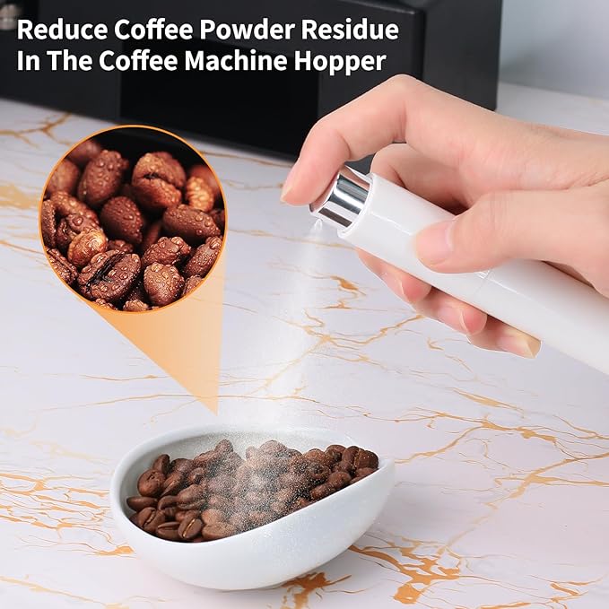 Coffee Bean Dosing Cup and Spray Bottle Kit - Ceramic Single Dosing Tray, Static Reducing Spray (White)