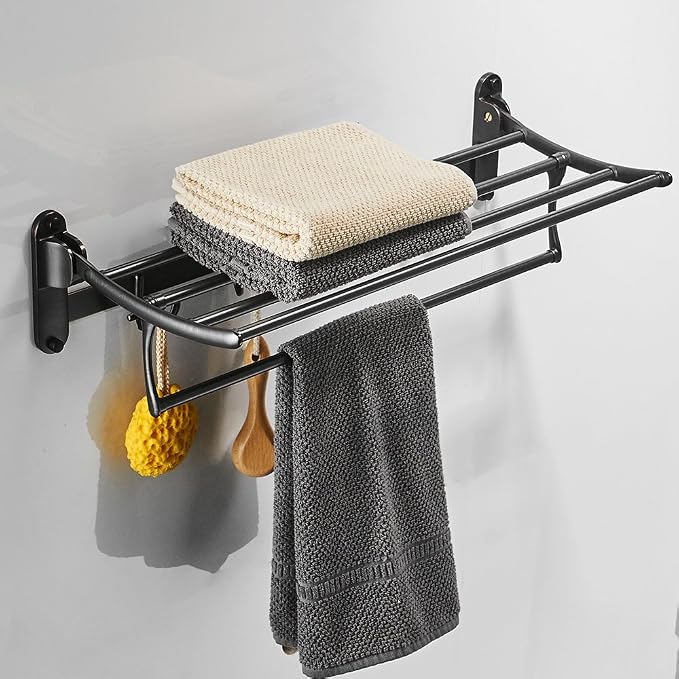 BESy 24 Inch Oil Rubbed Bronze Towel Racks, Bathroom Towel Shelf with Foldable Towel Bar Holder and Towel Hooks, Wall Mounted Multifunctional Bathroom Accessories, Double Towel Bars