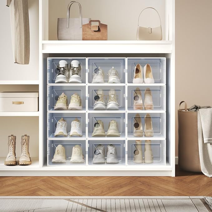 Sweetcrispy Shoe Storage Boxes, Clear Plastic Stackable Shoe Rack Organizer with Lids for Closet, Foldable Sneaker Container, Under Bed and Entryway, 12 Pack, Clear White