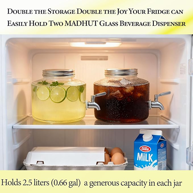 Small Drink Dispenser for the Fridge-2.5L Glass Beverage Dispenser with Leak-Proof Stainless Steel Spigot and Filter Bag Mason Jar Design Perfect for Cold Brew Coffee Iced Tea and Lemonade