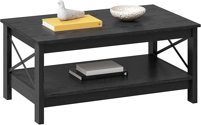 YITAHOME Coffee Table for Living Room, Modern Farmhouse Coffee Table with Storage, 2-Tier Center Table Wood Living Room Table Accent Cocktail with Sturdy Frame, Black
