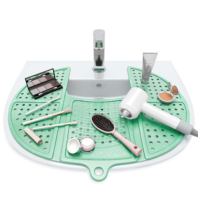 Sink Topper Bathroom Counter Cover & Storage Saver, Foldable Silicone Mat for Hot Tools, Hair Styling & Makeup, Beauty Brush Cleaning Mat, RV Camper Sink Cover & for Small Spaces (Standard Green)