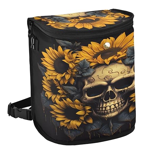 MNSRUU Car Trash Can with Lid, Skull and Sunflower Car Trash Bag Hanging Organizers and Storage for Front Back Seat, Leak-Proof Trash Bin