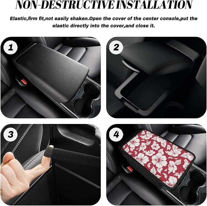 CLOHOMIN Red Hibiscus Car Armrest Cover with Pockets Floral Automotive Armrest Pad Polyester Car Center Console Armrest Cushion Cover Auto Accessories with Storage Pockets