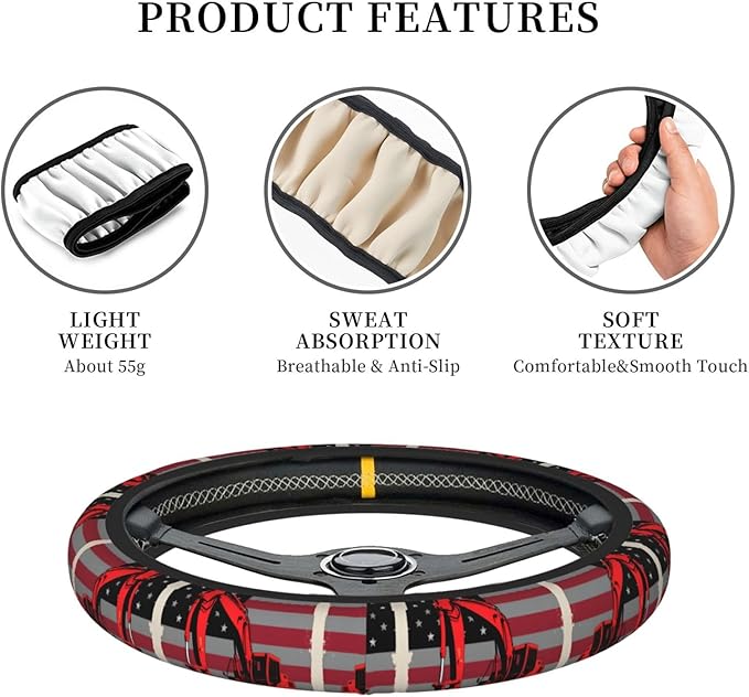 Red Line Flag Excavator Neoprene Steering Wheel Covers Women Men Car Accessories, Universal 15 Inch Fit Auto, Suvs, Truck