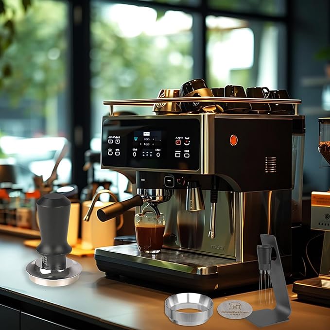 53mm Espresso Tamper Kit - Dual-Spring Calibrated Coffee Tamper, 8-Needle WDT Tool Espresso Distribution Tool, Magnetic Aluminum Dosing Funnel, Reusable Puck Screen, Fit Breville 54mm Portafilters