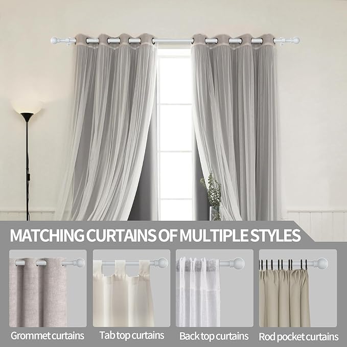 Thestoa Curtain Rods for Windows 30-46 Inch, 5/8" White Curtain Rods, Stainless Steel Small Curtain Rod for Bedroom, Living Room,Kitchen,Farmhouse, Outdoor Curtain rod White