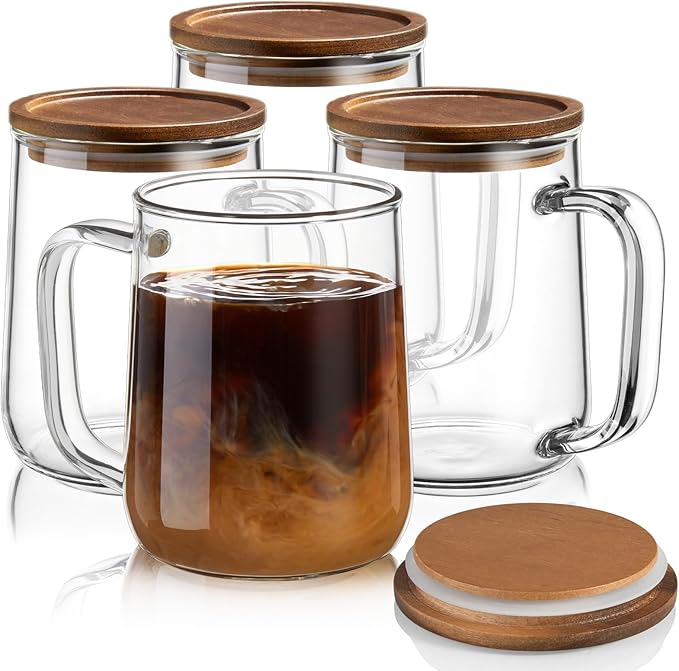 Glass Coffee Mugs, 16 oz Glass Coffee Cups with Acacia Wood Lids, Clear Borosilicate Glass Mugs with Handles for Cappuccino, Tea, Latte, Hot/Cold Beverages, Wine, Americano, Set of 4