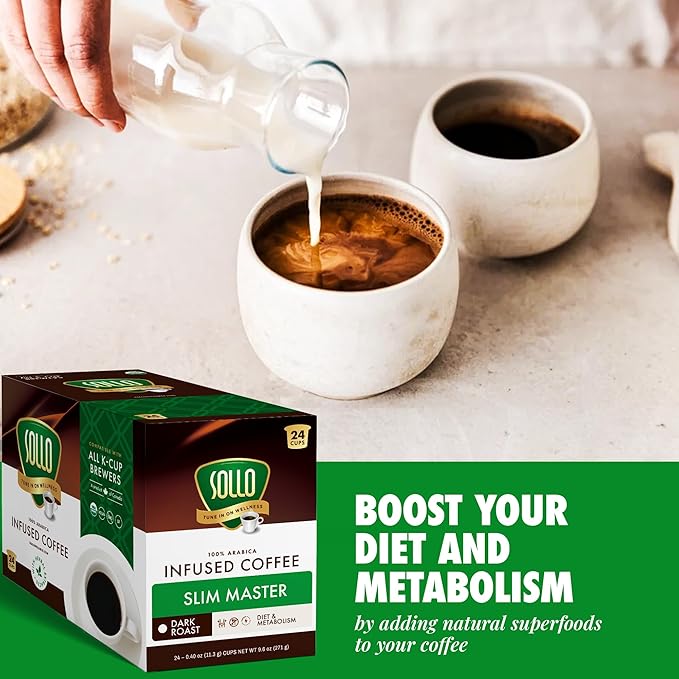 Sollo Slim Organic Coffee Pods, Diet Support, Weight Loss with Garcinia, Green Coffee Bean, Bold Dark Roast, Single Serve Pod, Compatible with Keurig K-Cup Brewers, 24 Ct