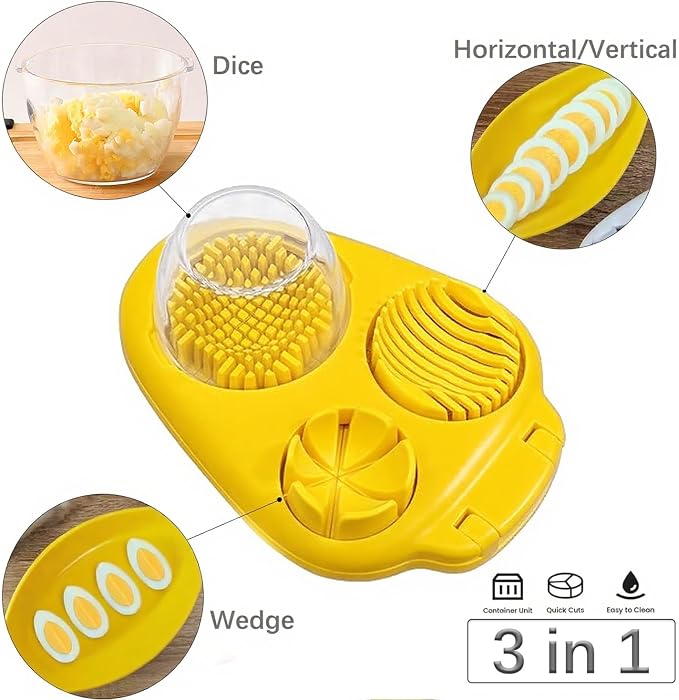 3 In 1 Egg Slicer for Hard Boiled Eggs,3 Slice Modes Egg Cutter,Stainless Steel Dicer for Strawberry Mushroom Grape Cherry, Multifunctional Food Cutter Slicer for Home Kitchen Chopper Gadgets (Yellow)