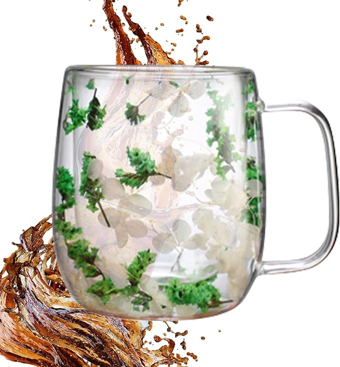 Dried Flowers Insulated Glass Double Wall Coffee Mug With Handle 250ml/390ml Transparent Double Glases Flower Tea Cup Latte Coffee Cup Borosilicate Glass Tea Mug