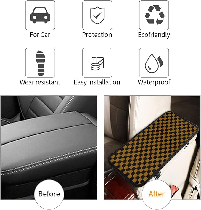 Brown Black Checkered Chessboard Flag Car Armrest Pad Cute Cars Center Console Cover Auto Handrail Box Cushion Armrests Cover