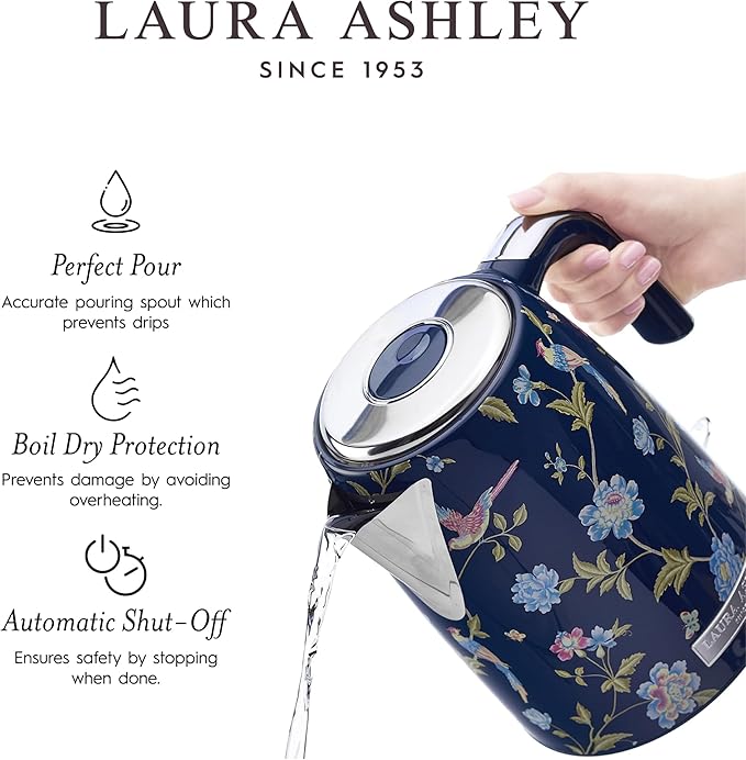 Laura Ashley Stainless Steel Electric Kettle 1.7 Liter - 1500W Rapid Boil Electric Kettles for Boiling Water - Electric Tea Kettles Automatic Shut Off - Overheat & Boil Dry Protection Jug Kettle
