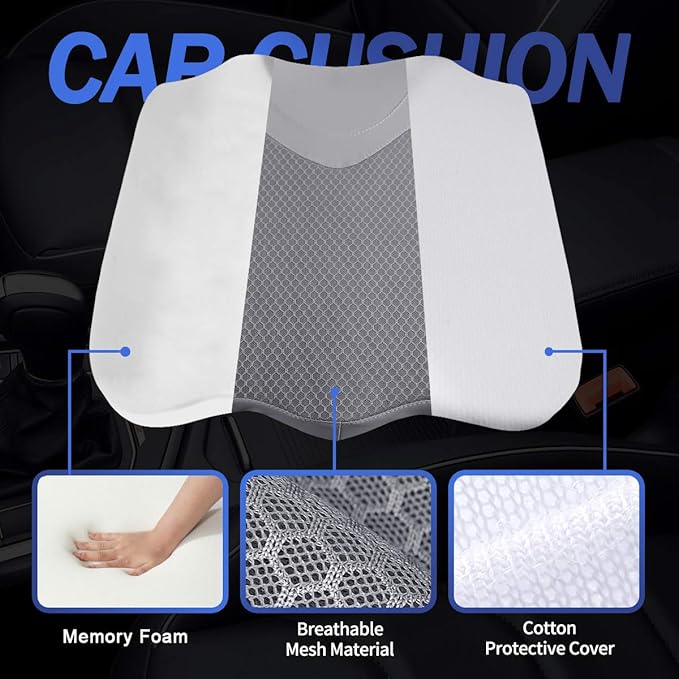 Car Seat Cushion, Comfortable Memory Foam Cushion for Driving, Auto Heightening Wedge Cushion for Sciatica Tailbone Pain Relief (Gray)