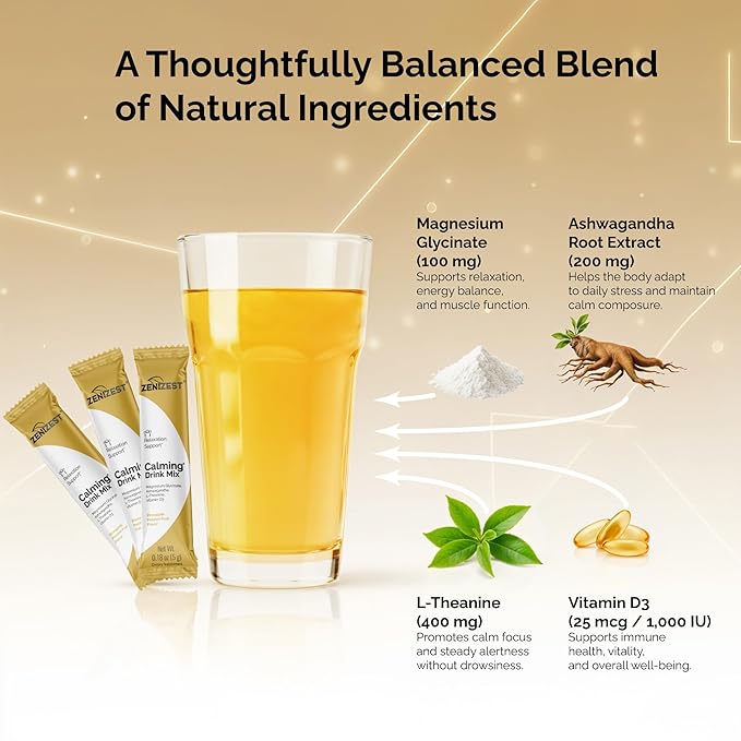 ZeniZest Calming Drink Mix Powder - Natural Cortisol Balance Calm Sleep Stress Support Supplement with Magnesium Glycinate Ashwagandha L-Theanine Vitamin D3 - Pineapple Passion Fruit Flavor 20 Packets