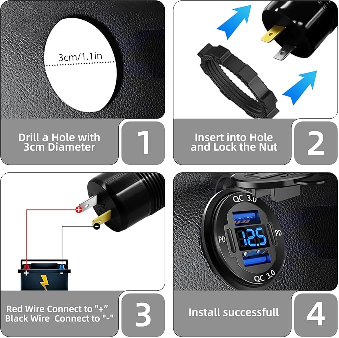 Upgraded 12V USB Charger with 4 Ports - Aluminum Alloy Car Outlet with LED Voltmeter for Cars, Golf Carts, Boats, RVs, Trucks, and Motorcycles (Pack of 1)