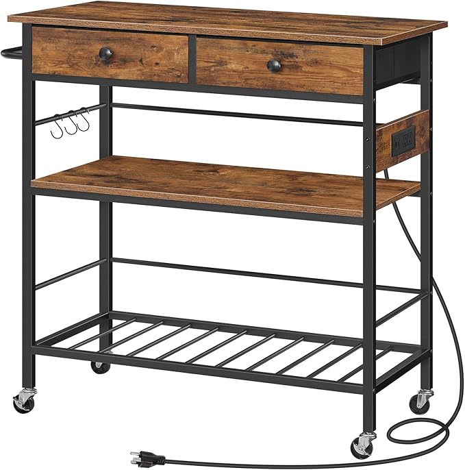 HOOBRO Kitchen Island with Storage, Rolling Island Cart for Kitchen with 2 Drawers & Outlet, 3 Tier Coffee Station and Microwave Stand, Kitchen Island Table for Home, Rustic Brown BF08UZD01