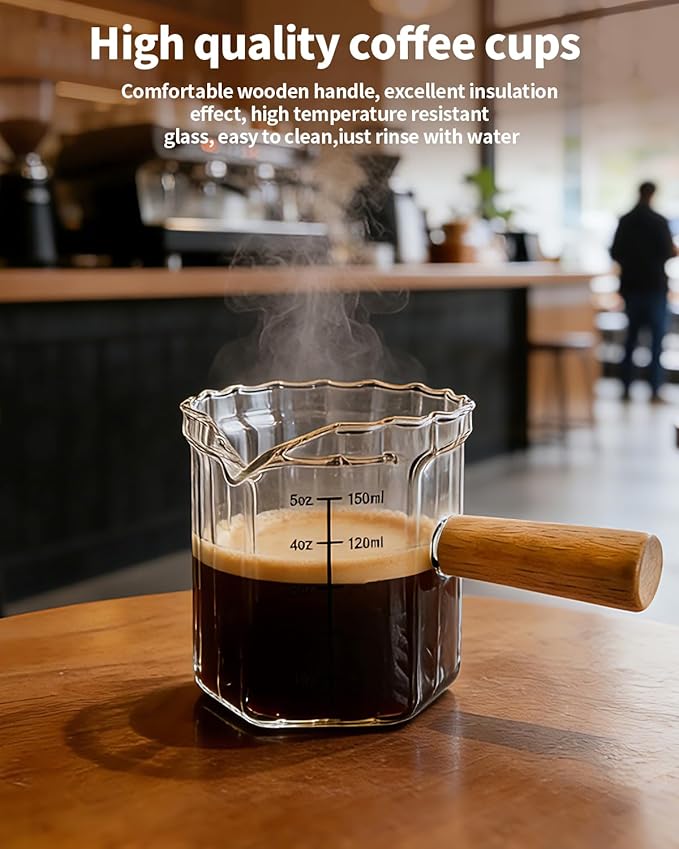 Espresso Measuring Cup 5 Oz, Espresso Glass Cups with Wood Handle, Milk Frothing Cup, Espresso Cup for Coffee, Milk, Tea or Maple Syrup Serving (Transparent, 5 oz)