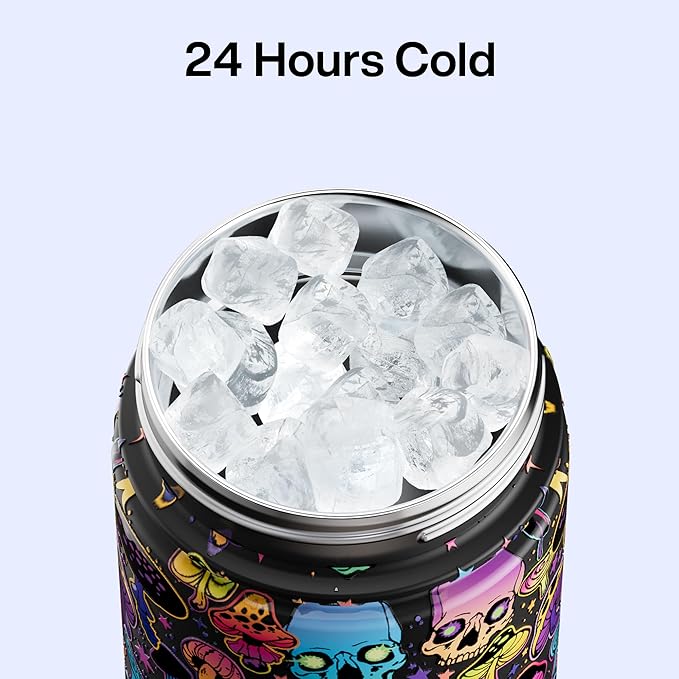 ENCOOL Insulated Water Bottle with Straw Stainless Steel Water Bottle, Leak-Proof, BPA-Free, Double Wall Vacuum Keeps Cold for 24 Hours for Sports, Travel, School (26 oz, Trippy Skulls)