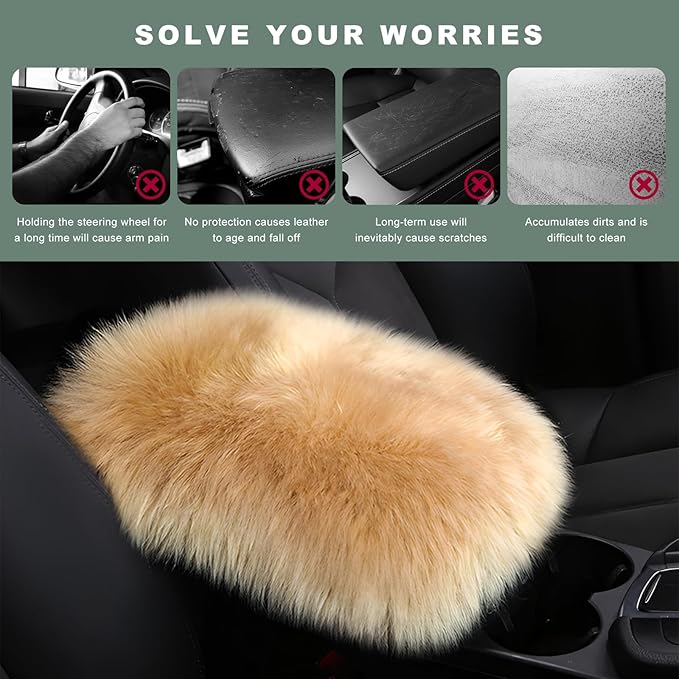 Furry Car Center Console Cover Pad, 11.8"×7.9" Auto Fluffy Plush Center Armrest Protective Cover, Comfortable Fuzzy Armrest Seat Box Protector Cushion for Cars Trucks SUVs (Light Camel)