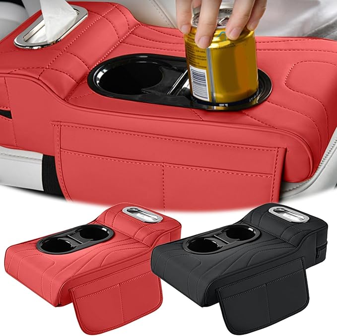 Car Armrest Box Mat, 5-in-1 Center Console Cover Cushion with Cup Holder Tissue Slot, Universal PU Leather Car Box Pad for Sedans Car Accessories Interior Organizers (Multi A01)