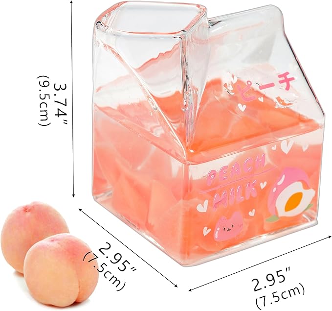 Kawaii Glass Milk Carton Cup Clear Cute Milk Cup Mini Creamer Pitcher Container Microwavable 12 Oz, 1Pcs(Peach)