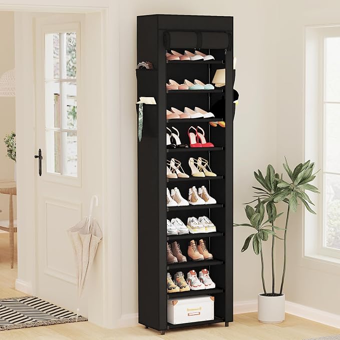 Mavivegue Shoe Rack with Cover, 10 Tier Tall Shoe Organizer for 18-22 Pairs of Shoes, Shoe Organizer with 4 Side Pockets, Shoe Cabinet for Entryway, Closet