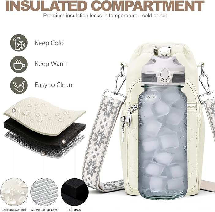 Water Bottle Carrier Bag with Strap, Water Bottle Purse with Phone Pocket 40oz for Walking Hiking