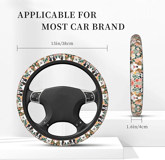 Pit-Bulls Terriers Cute Dogs Neoprene Steering Wheel Covers Women Men Car Accessories, Universal 15 Inch Fit Auto, Suvs, Truck