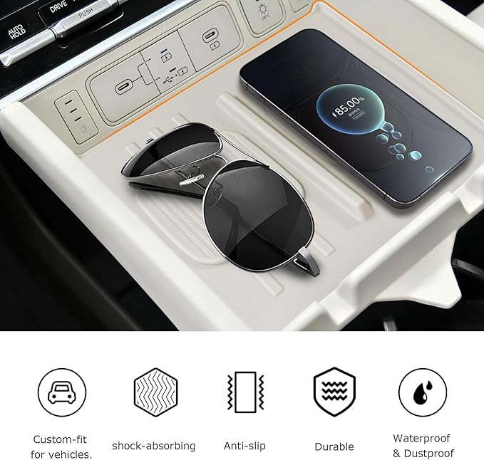 Wireless Charging Protective Pad for 2024 2025 2026 Hyundai Santa Fe Center Console Cover Wireless Non Slip Mat Accessories Car Cordless Charger Heat Insulating Silicone Material Easy to Clean -White