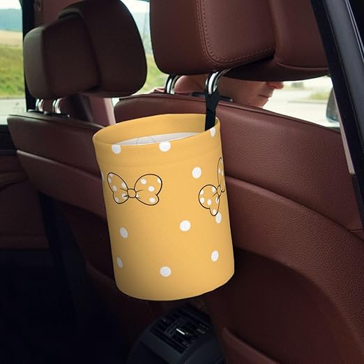 Cute Polka Dots Yellow Bow Car Trash Can Garbage Cans Foldable,Small Hanging Car Organizer Storage Bag Leak Proof, Auto Back Seat Trash Bin Universal for Truck, SUV, Outdoor Travel
