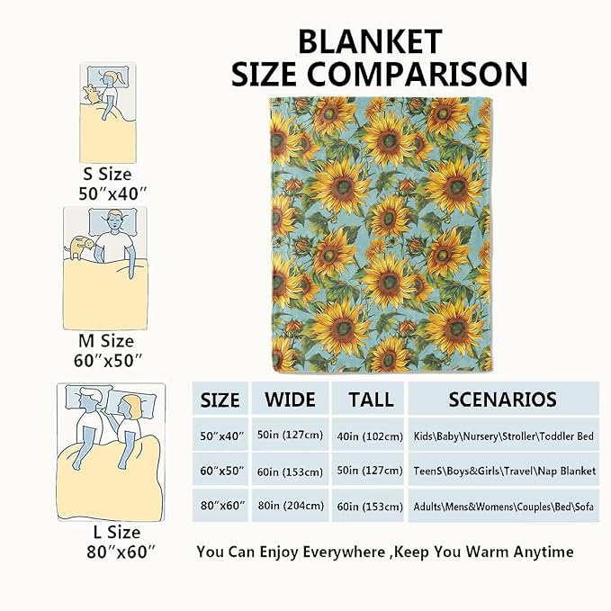 Sunflower Blanket,Vintage Yellow Floral Aesthetic Throw Blankets,Gifts for Women & Flower Lovers,Lightweight Soft Fleece,for Picnic Sofa Couch Bed Room Travel,Birthday Decor,50x60in