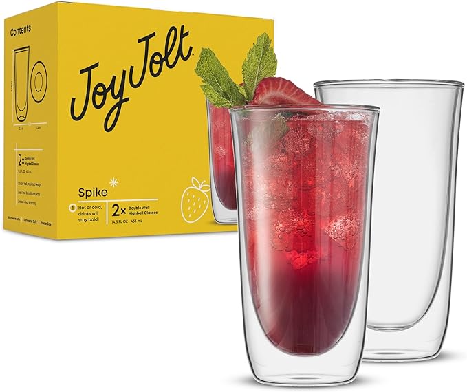 JoyJolt Spike Double Wall Glasses, Cocktail Beer Drinkware Glass Set of 2 - double walled glass 13.5 Ounces