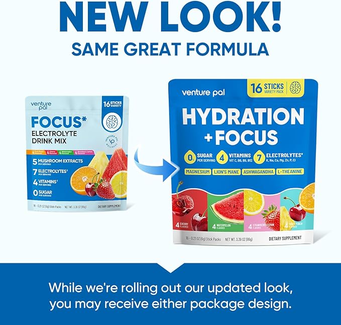 Venture Pal 2-in-1 Hydration Packets + Focus Support Electrolytes Powder, 7 Electrolytes + Vitamins, Magnesium, Lion's Mane & L-Theanine | Sugar Free Liquid Daily IV Drink Mix, Vegan, Keto, 16 Sticks