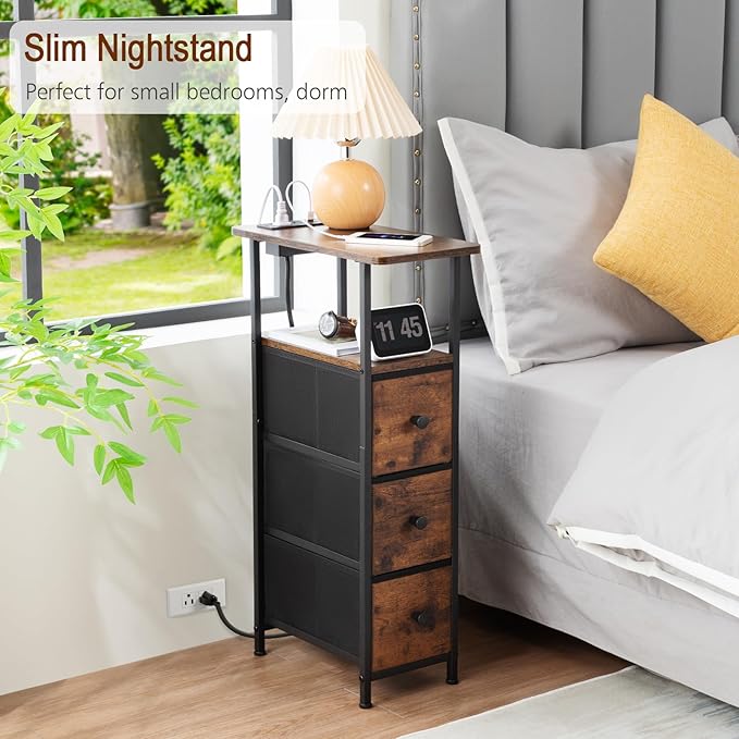 Narrow End Table Living Room with Charging Station, Skinny Side Table with Fabric Drawers, Slim Nightstand for Bedroom, Small Spaces, Couch, Brown, HETNDP03BR-1