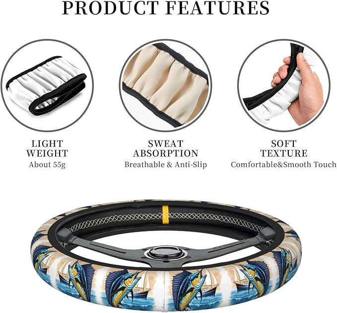Beautiful Blue Marlin Pattern Car Steering Wheel Cover, 15 Inch Steering Wheel Cover Stylish Decor for Most Cars