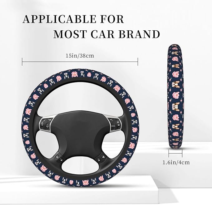 Neoprene Steering Wheel Cover French Bulldog Flowers Car Steering Wheel Cover Universal Fit for Most Cars