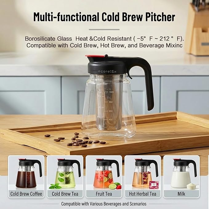 ECORELAX Cold Brew Coffee Maker,High Transparency Borosilicate Glass Container with Stainless Steel Filter, Iced Tea Pitcher with Lid,Modern Style, Ergonomic Handle,Spill-proof Lid (Black, 1L/32oz)