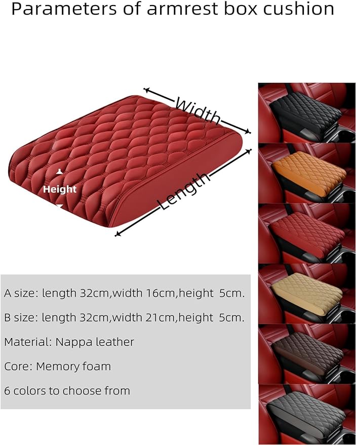 Car Leather Waterproof Center Console Seat Arm Rest Cover Auto Memory Foam Cotton Height Armrest Box Pad, 6 Colors, 2 Sizes (Black, 12.6"x8.3"x2")