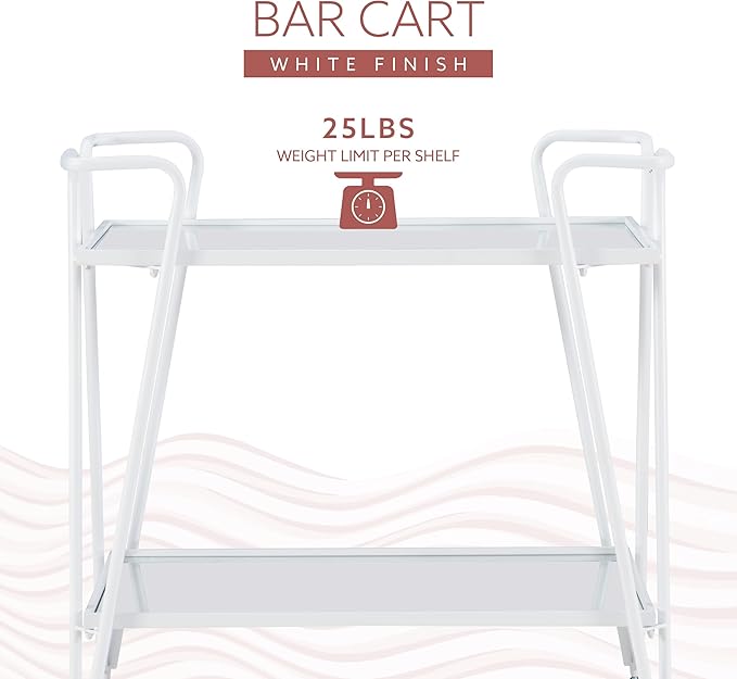 Gina White Mid-Century Bar Cart with Mirrored Shelves and Locking Wheels by Linon