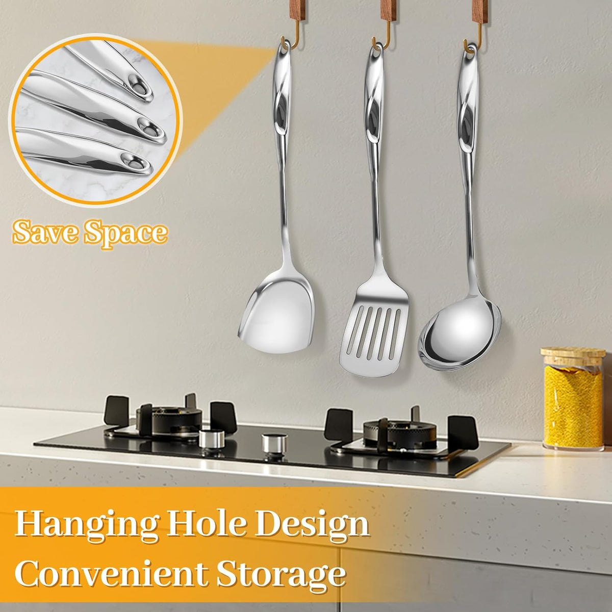 Stainless Steel Cooking Utensils Set - 6 Piece Kitchen Utensils Set, One Piece Seamless Handle Stainless Steel Utensils with Hanging Hole, Dishwasher Safe
