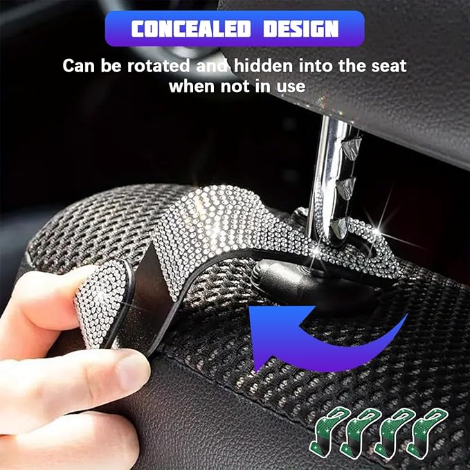 Bling Car Seat Headrest Hooks, 4PCS Crystal Rhinestone Vehicle Back Seat Hanger Holder for Handbags Purses Coats, Automotive Headrest Storage Organizer, Universal for RV SUV Truck (Green)