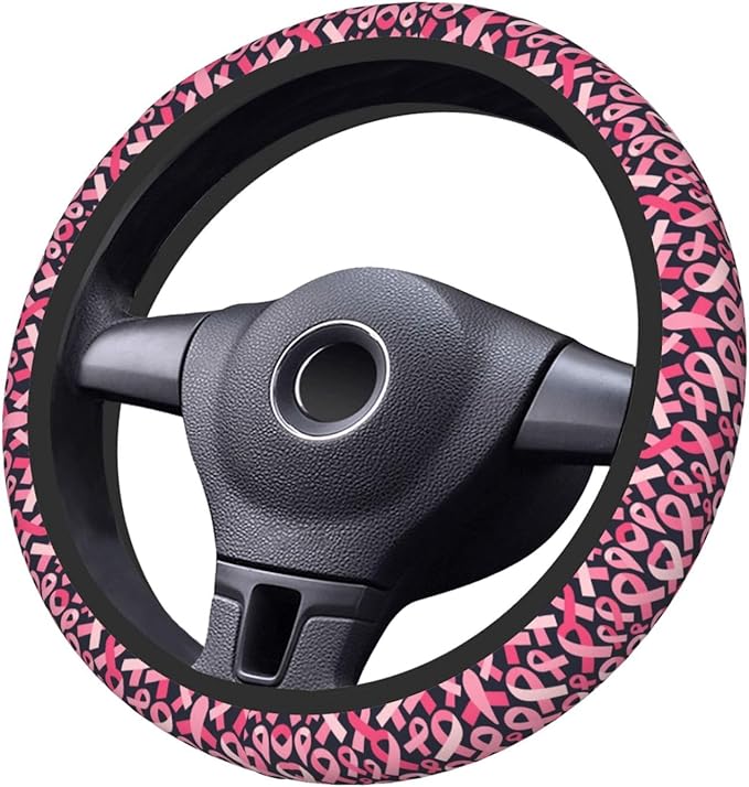 Breast Cancer Awareness Ribbon Universal Fit Steering Wheel Cover for Car, Truck, and SUV, Durable Steering Wheel Protection